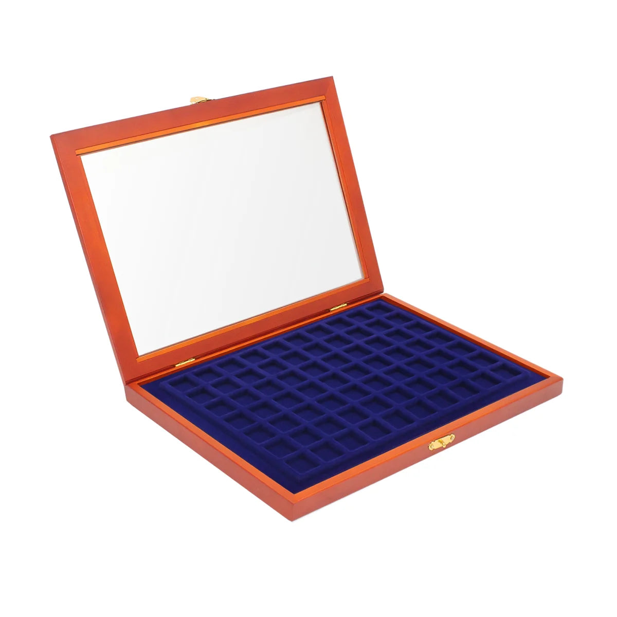 Wooden display case with blue velvet interior with 70 square compartments and glass lid for coins or collectibles on a white background