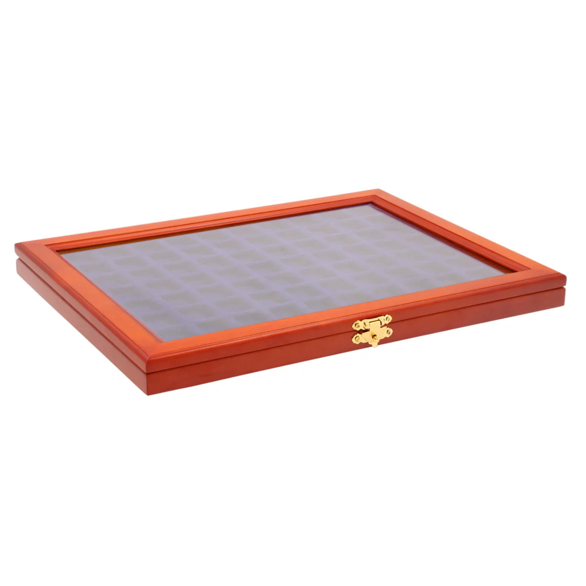 Closed wooden display case with blue velvet interior and glass lid for coins or collectibles on a white background