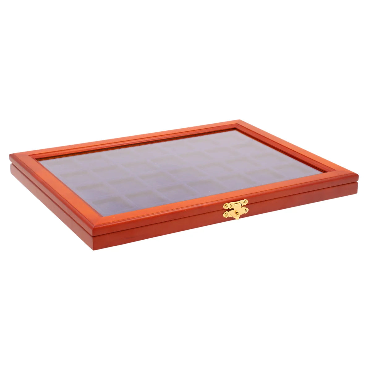Closed wooden display case with blue velvet interior and glass lid for coins or collectibles on a white background