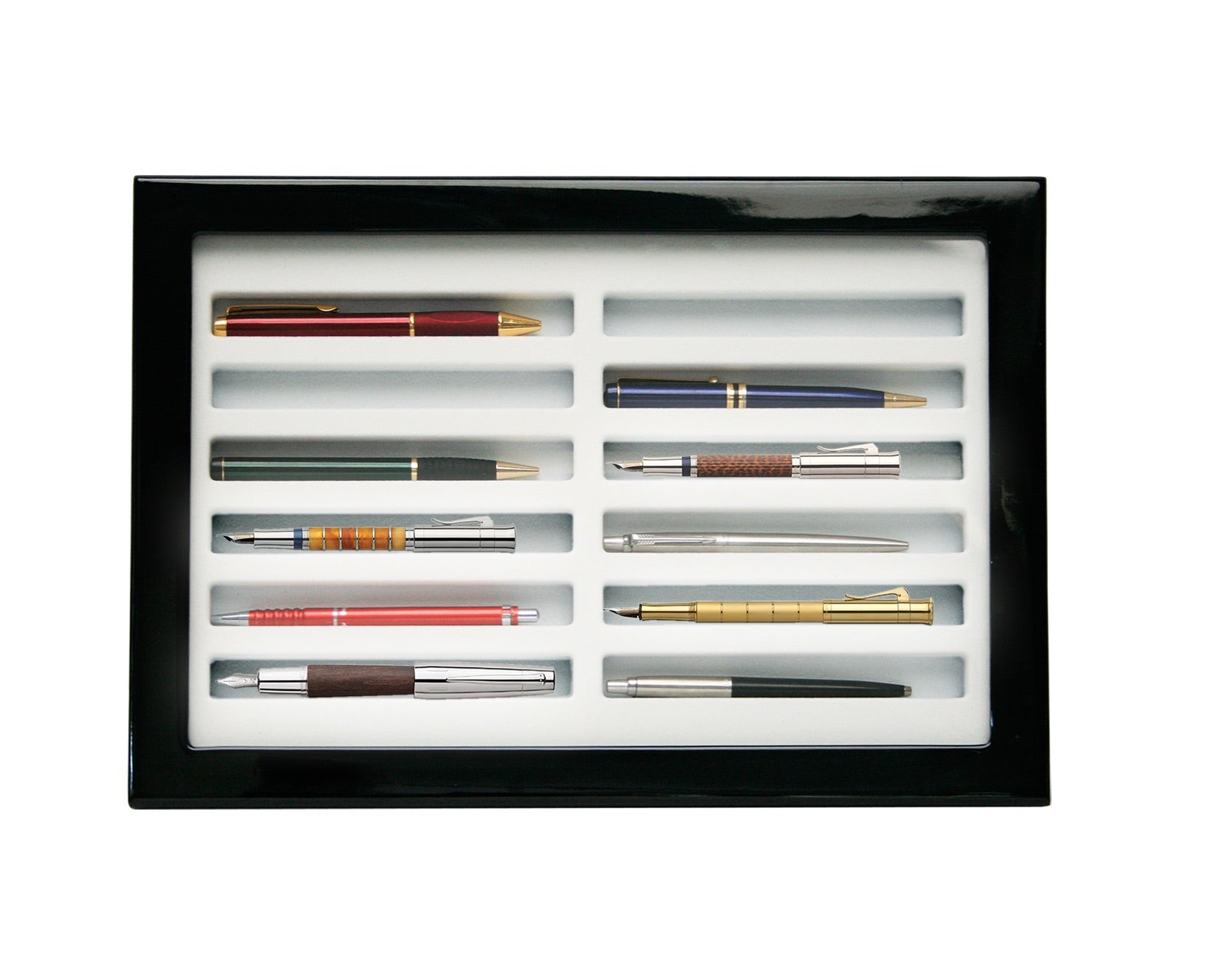Overhead image of a set of pens in a black wooden high gloss display case with a beige/grey tray insert and an acrylic glass lid on a white background