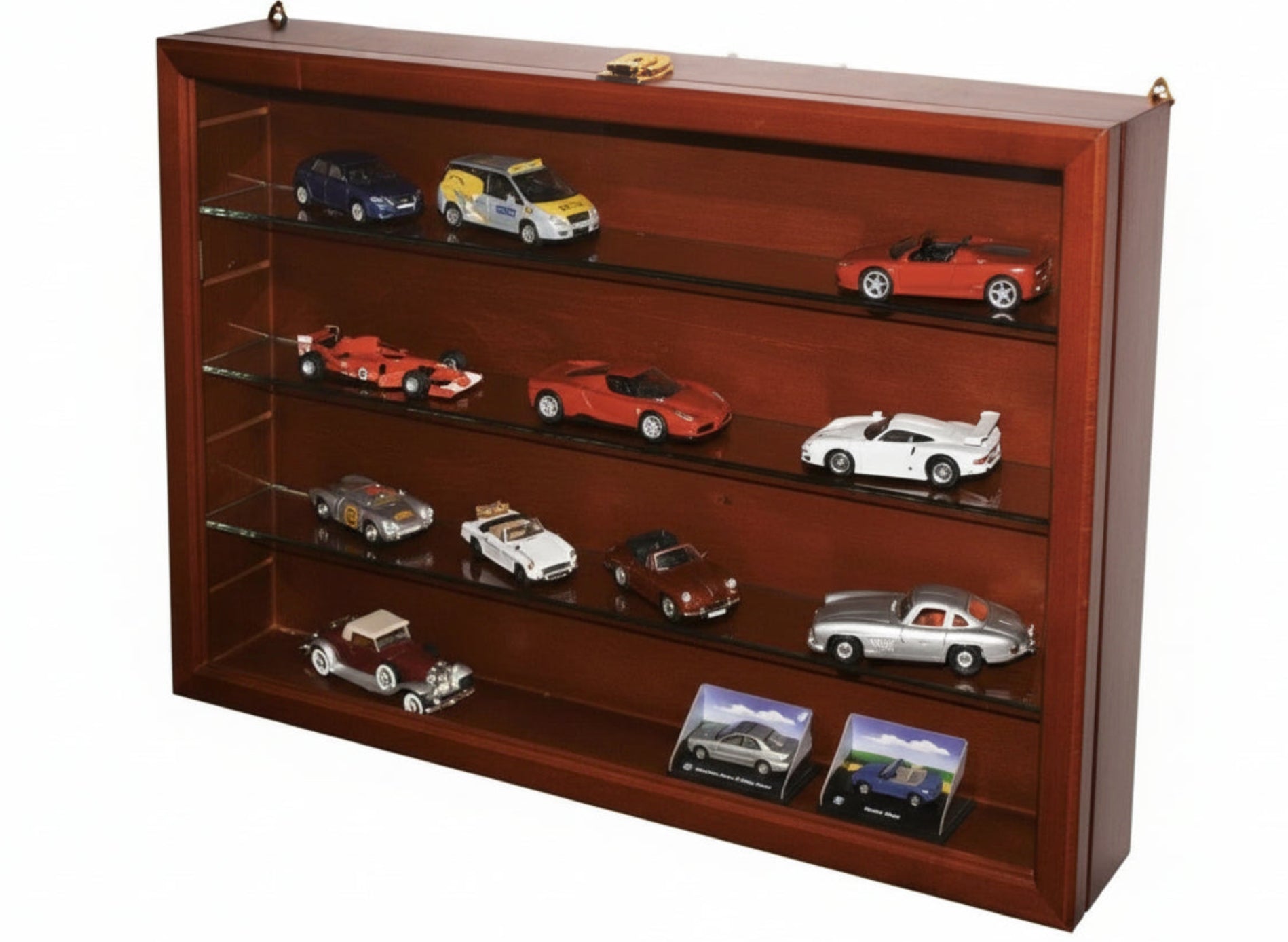 Wooden display cabinet curio with glass shelves containing model cars on a white background.