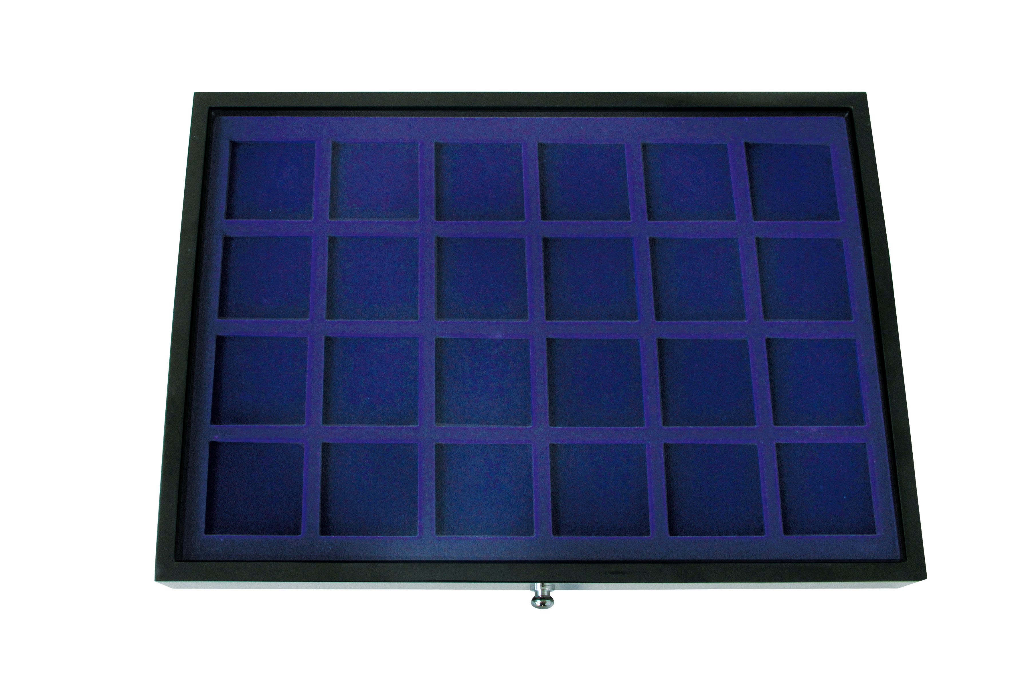 Black coin collection drawer with blue interior tray with square compartments on a white background