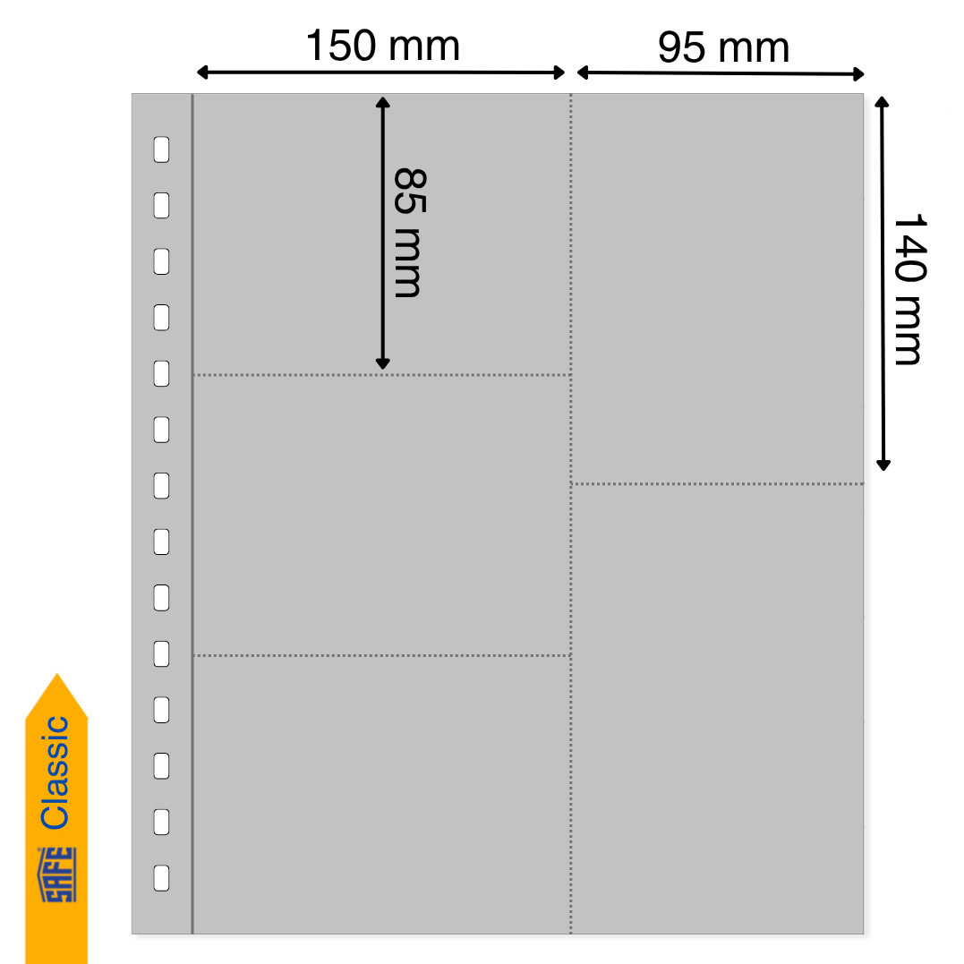 Illustration representing a grey album page with the pocket dimensions on a white background
