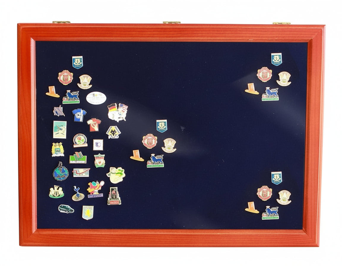 Overhead image of a wooden display case with a closed glass lid displaying various collectible pins on a blue velvet insert on a white background.