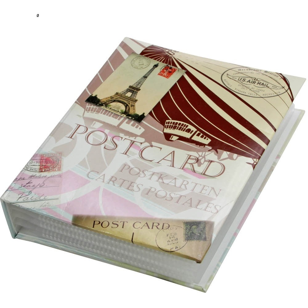 Closed decorative postcard album with vintage design elements and the word 'postcard' in multiple langauges on a white background