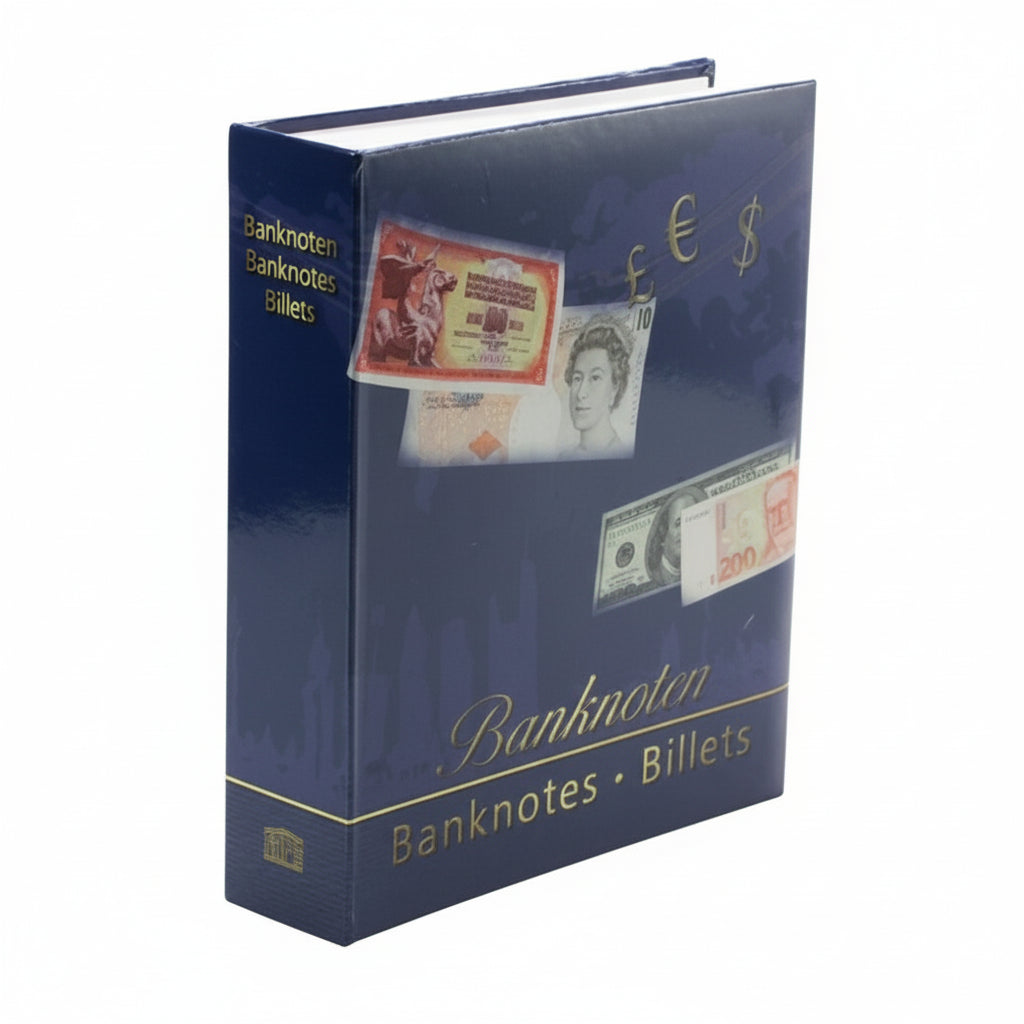 Blue banknote album with images of international currency on a white background