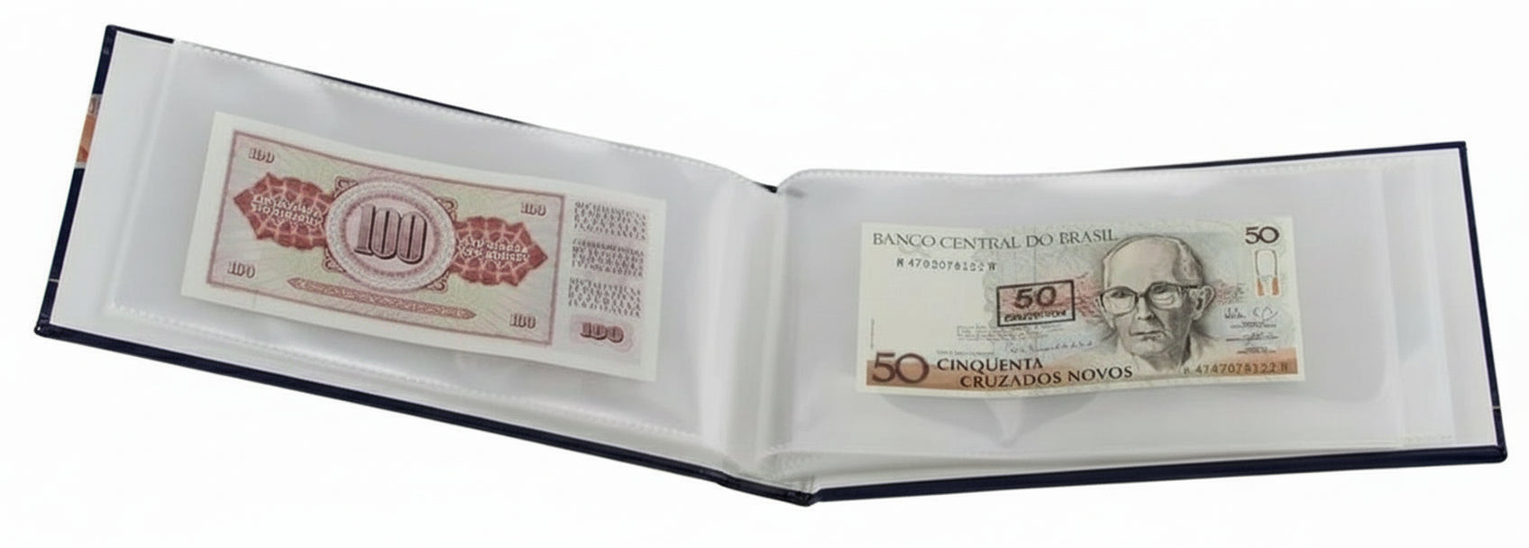 Collection of Brazilian banknotes inside the pockets of the SAFE banknote album on a white background