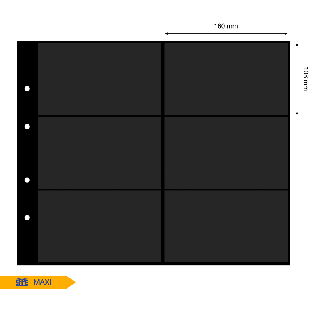 Illustration representing a black album page with the pocket dimensions on a white background
