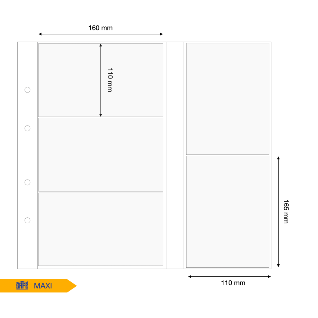 Illustration representing a white album page with the pocket dimensions on a white background