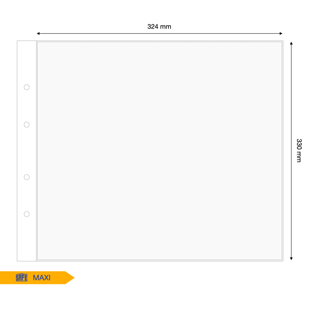 Illustration representing a white album page with the pocket dimensions on a white background