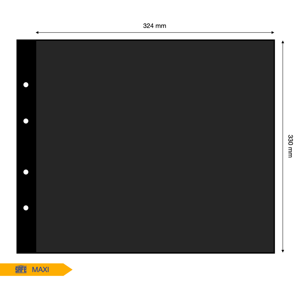 Illustration representing a black album page with the pocket dimensions on a white background