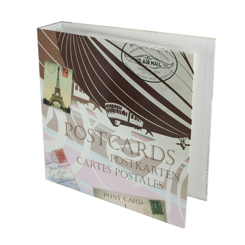 Closed decorative postcard album with vintage design elements and the word 'postcard' in multiple languages on a white background