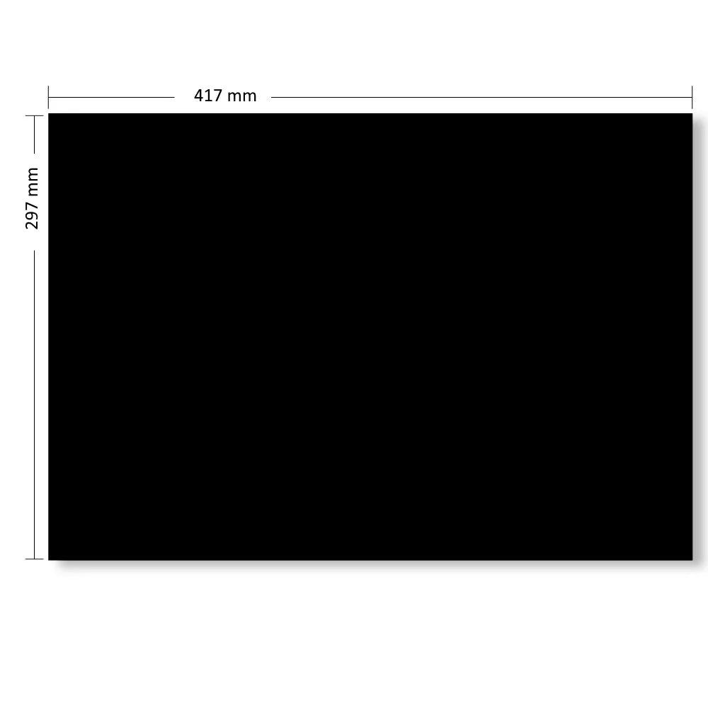 Illustration representing a black album page insert with the dimensions on a white background