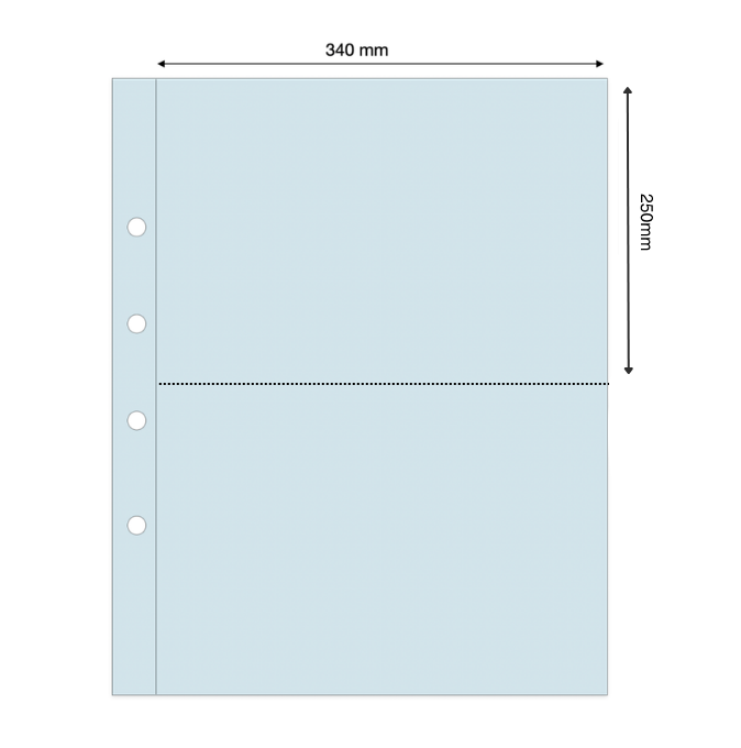 Light blue illustration representing a transparent album page with the pocket dimensions on a white background