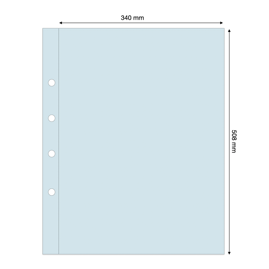 Light blue illustration representing a transparent album page with the pocket dimensions on a white background