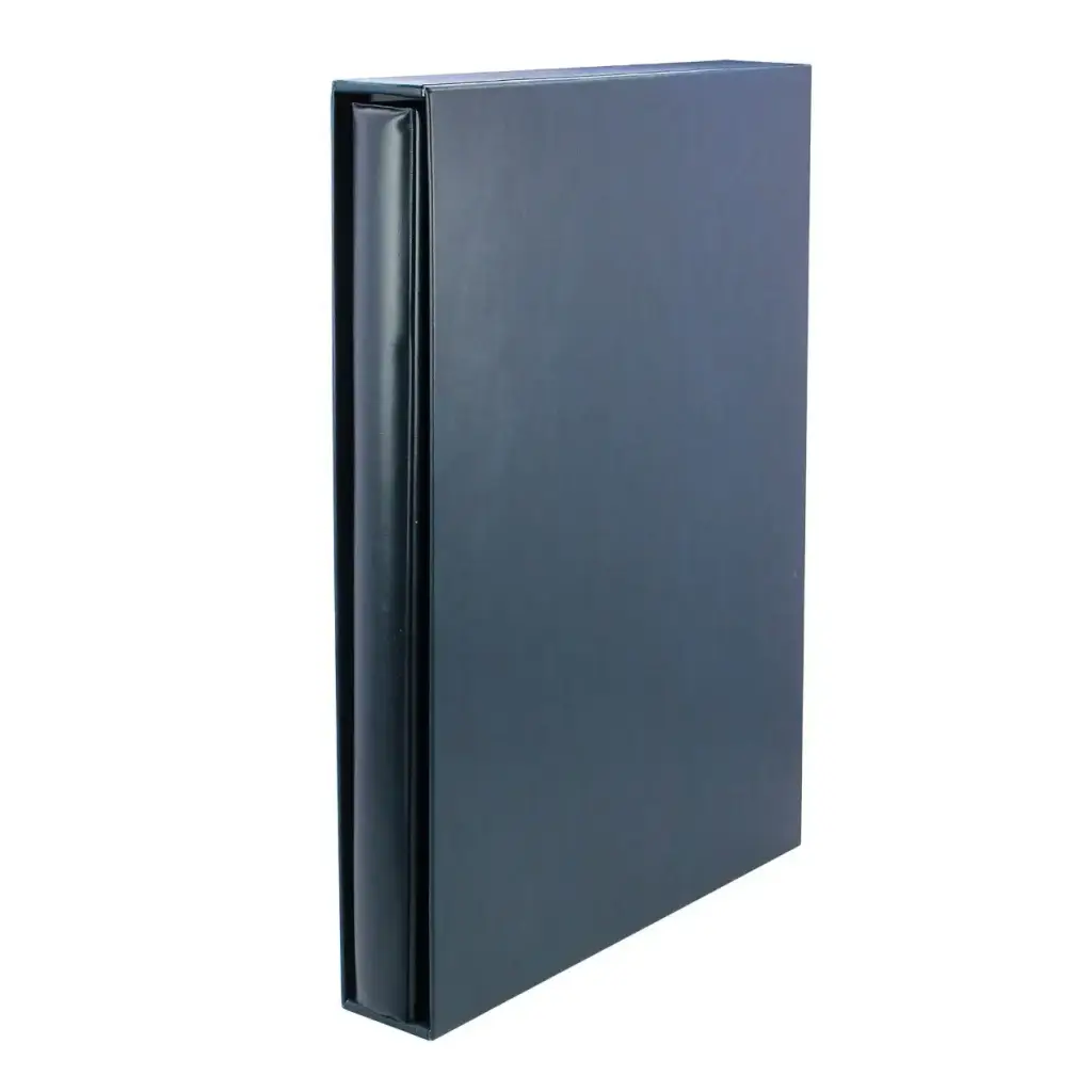 Navy blue album inside of matching slipcase on a white background
