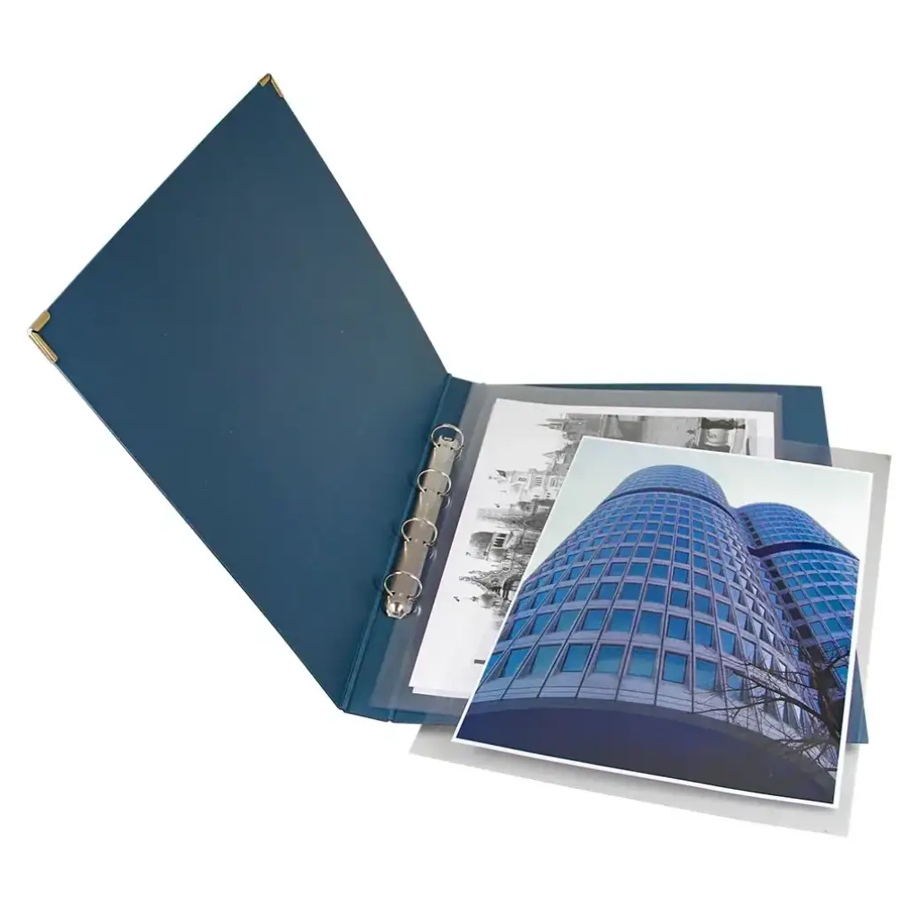 Blue collector album with a 4-ring mechanism, open displaying photos of a modern building.