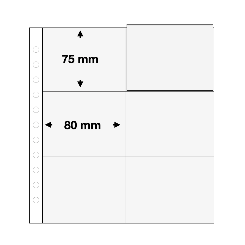 Illustration representing a transparent album page for coins with the pocket dimensions on a white background