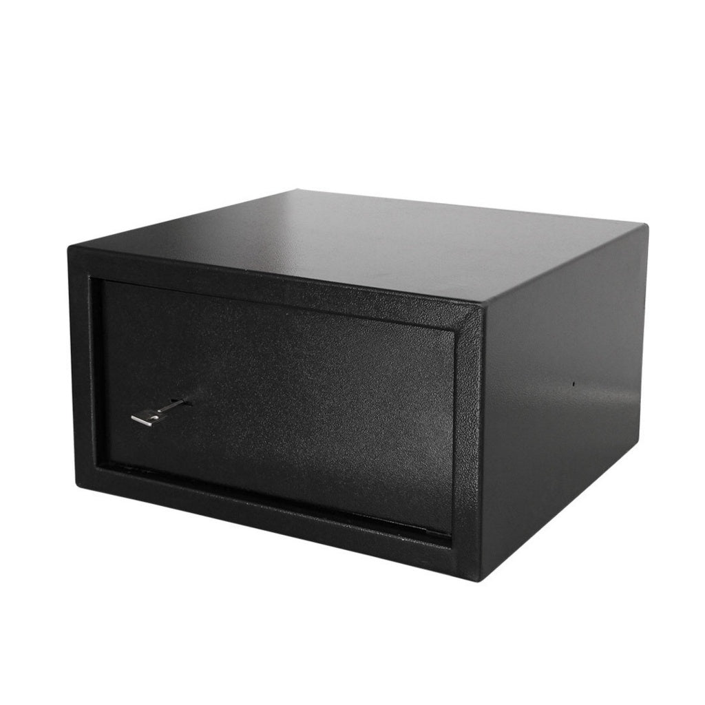 A black metal safe or storage box with a textured front door and a silver key, shown on a plain white background.