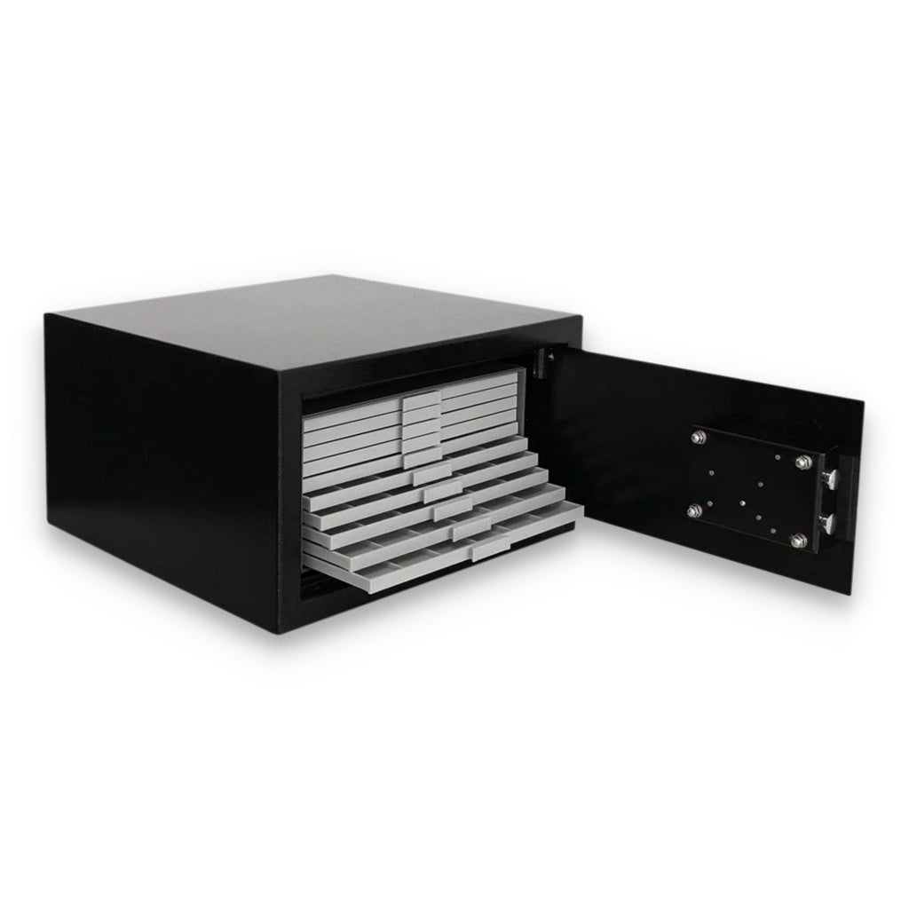 A black steel safe with its door open, showing coin collection drawers set against a plain white background.