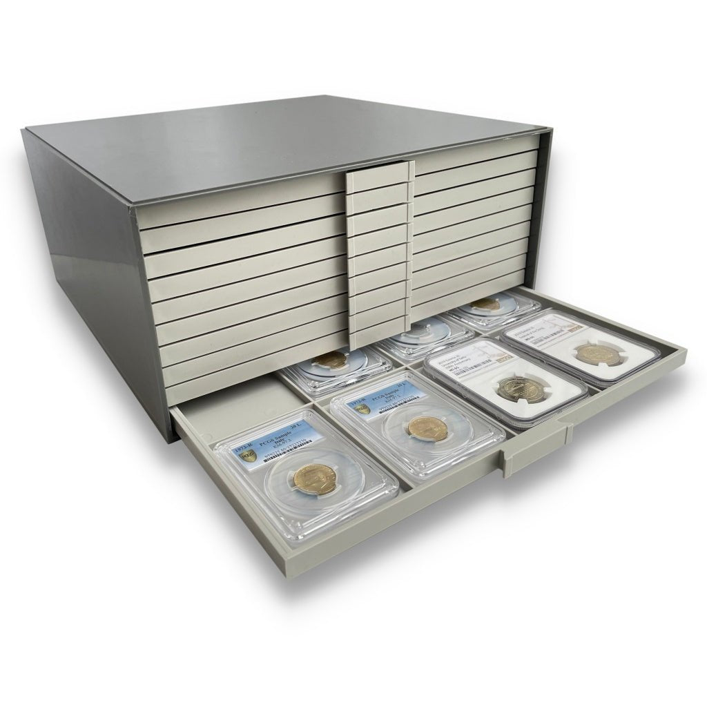 Beba Maxi coin chest with pull-out drawers of graded coin slabs