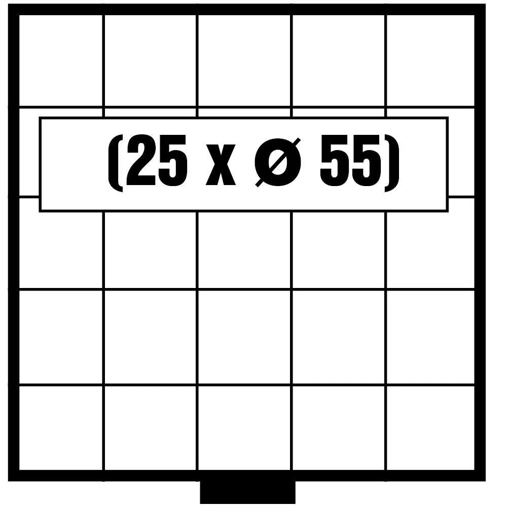White & black grid pattern illustrated representing the coin drawer layout with the numbers 25 x 55mm on a white background
