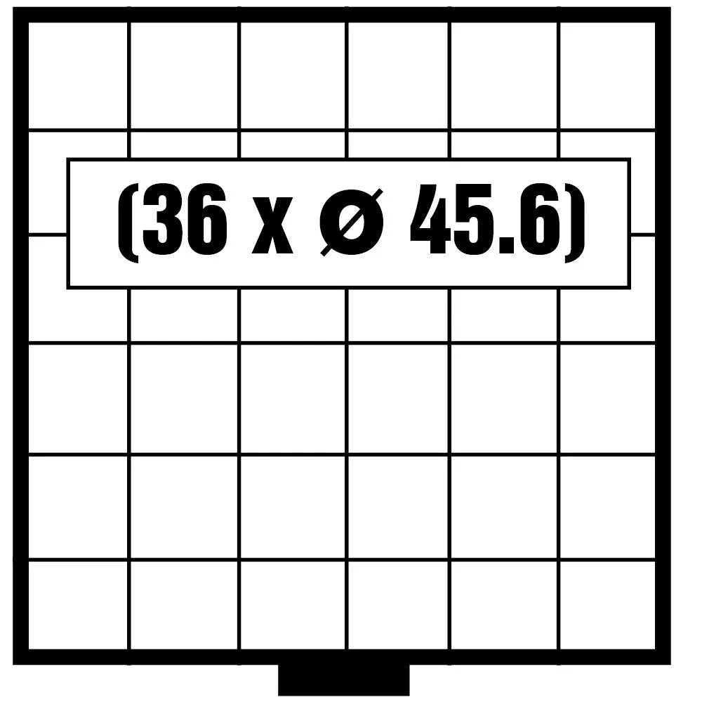 White & black grid pattern illustrated representing the coin drawer layout with the numbers 36 x 45.6mm on a white background