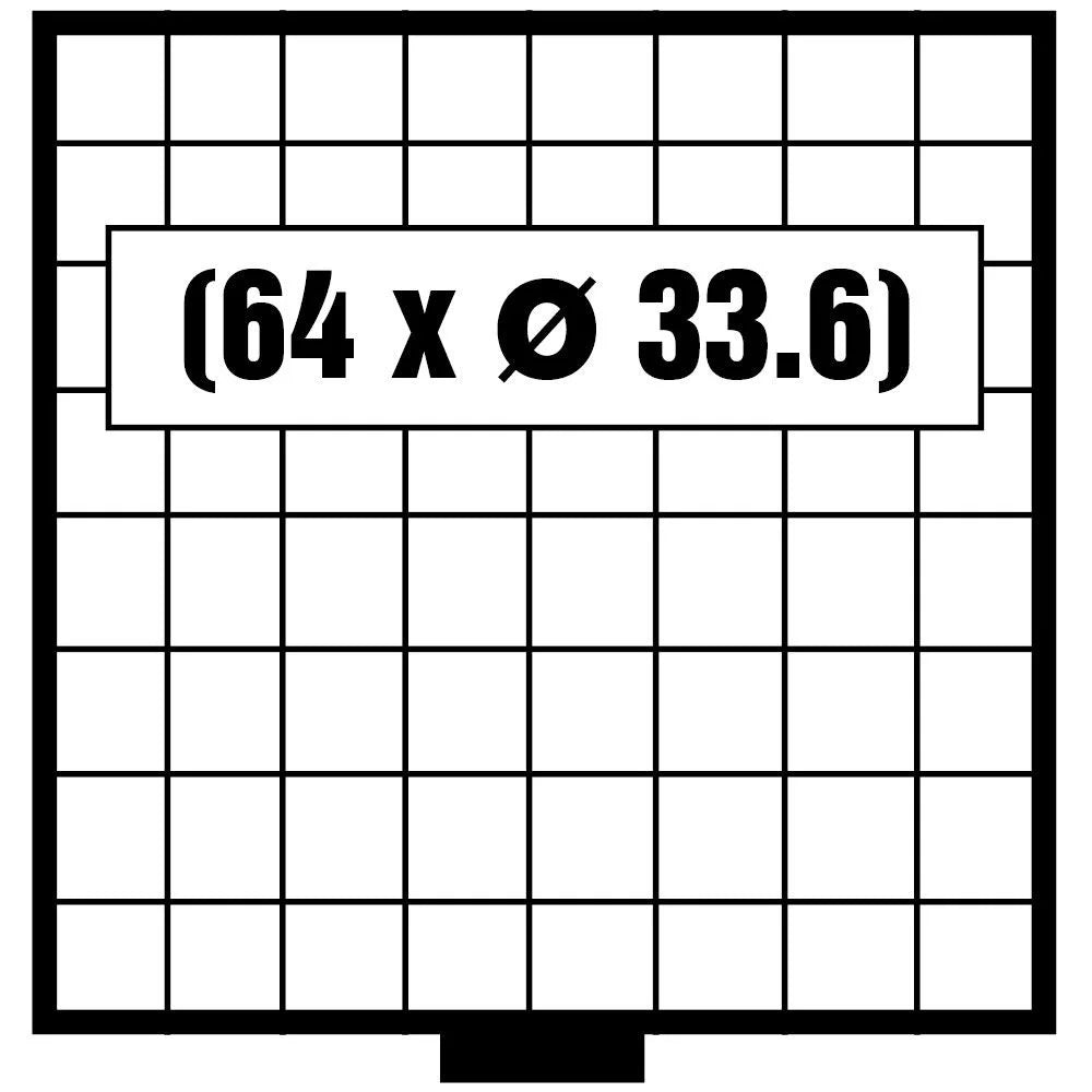 White & black grid pattern illustrated representing the coin drawer layout with the numbers 64 x 33.6mm on a white background
