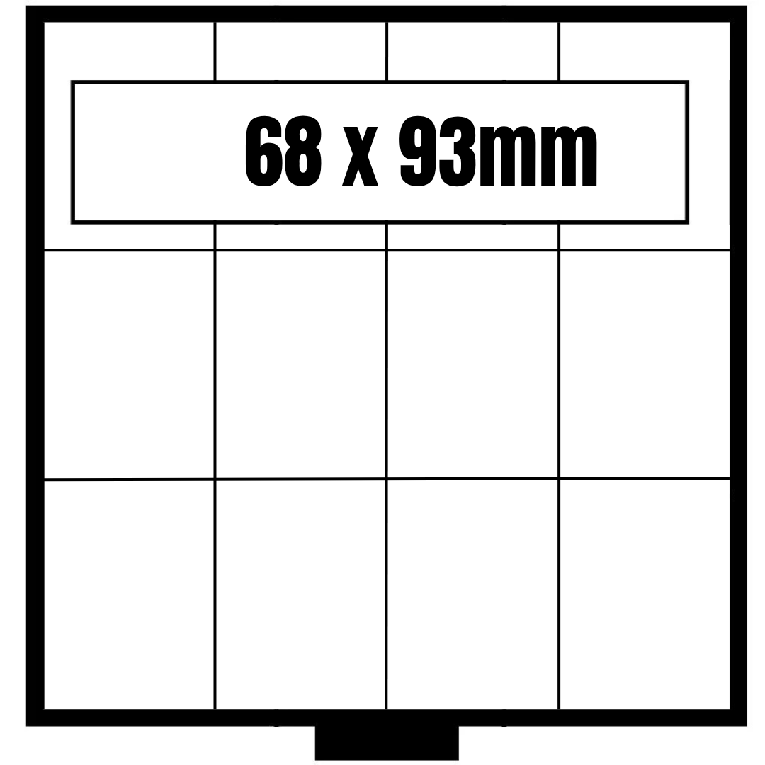 White & black grid pattern illustrated representing the coin drawer layout with the numbers 68 x 93mm on a white background