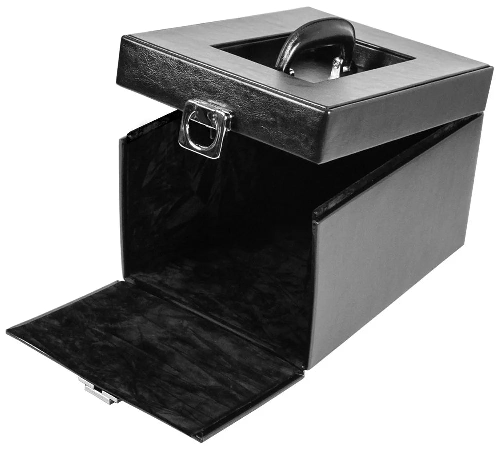 Black coin case open with a handle on a white background