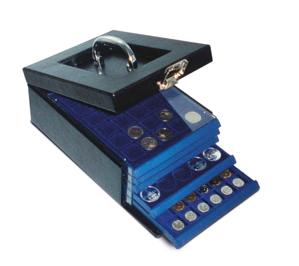 Black coin collection case with acrylic coin drawers on a white background