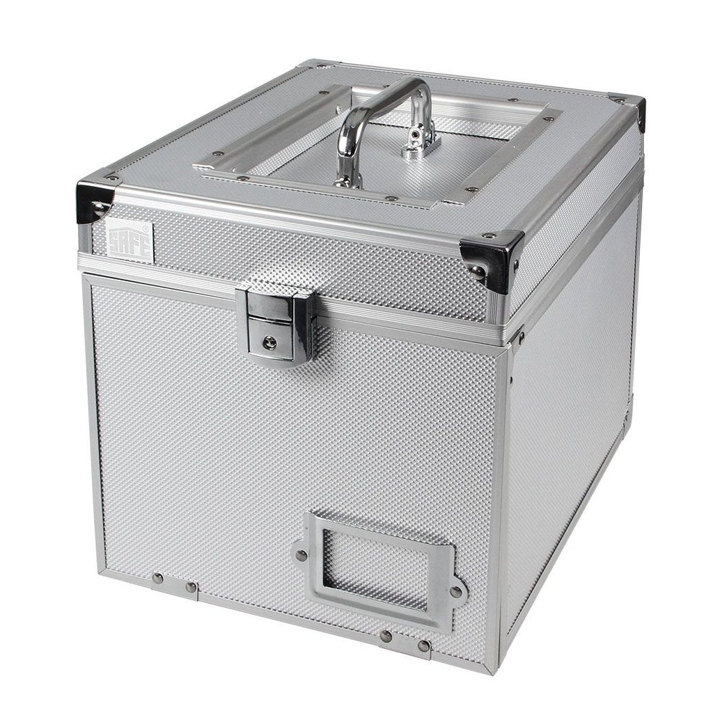 Closed aluminum coin case with a handle, snap lock and label window on a white background