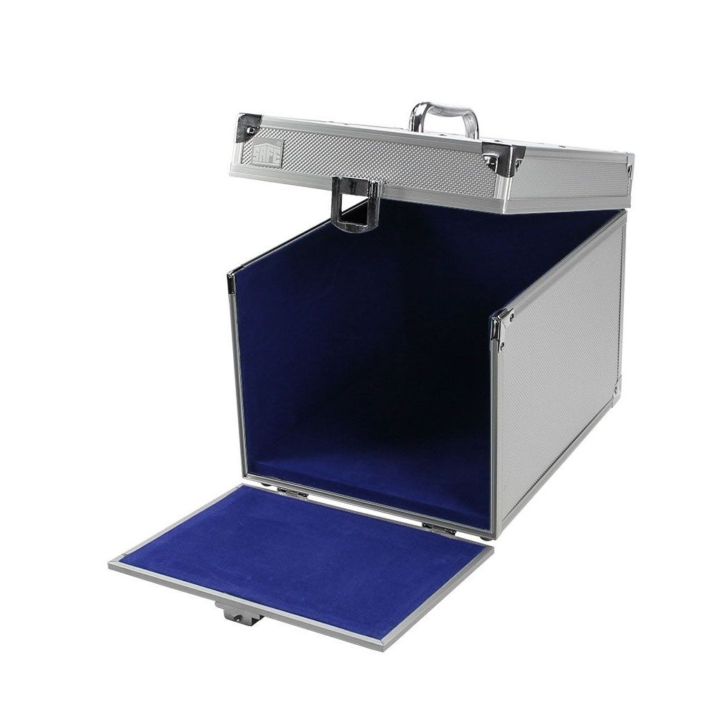 Empty open aluminum coin case with a handle and snaplock on a white background