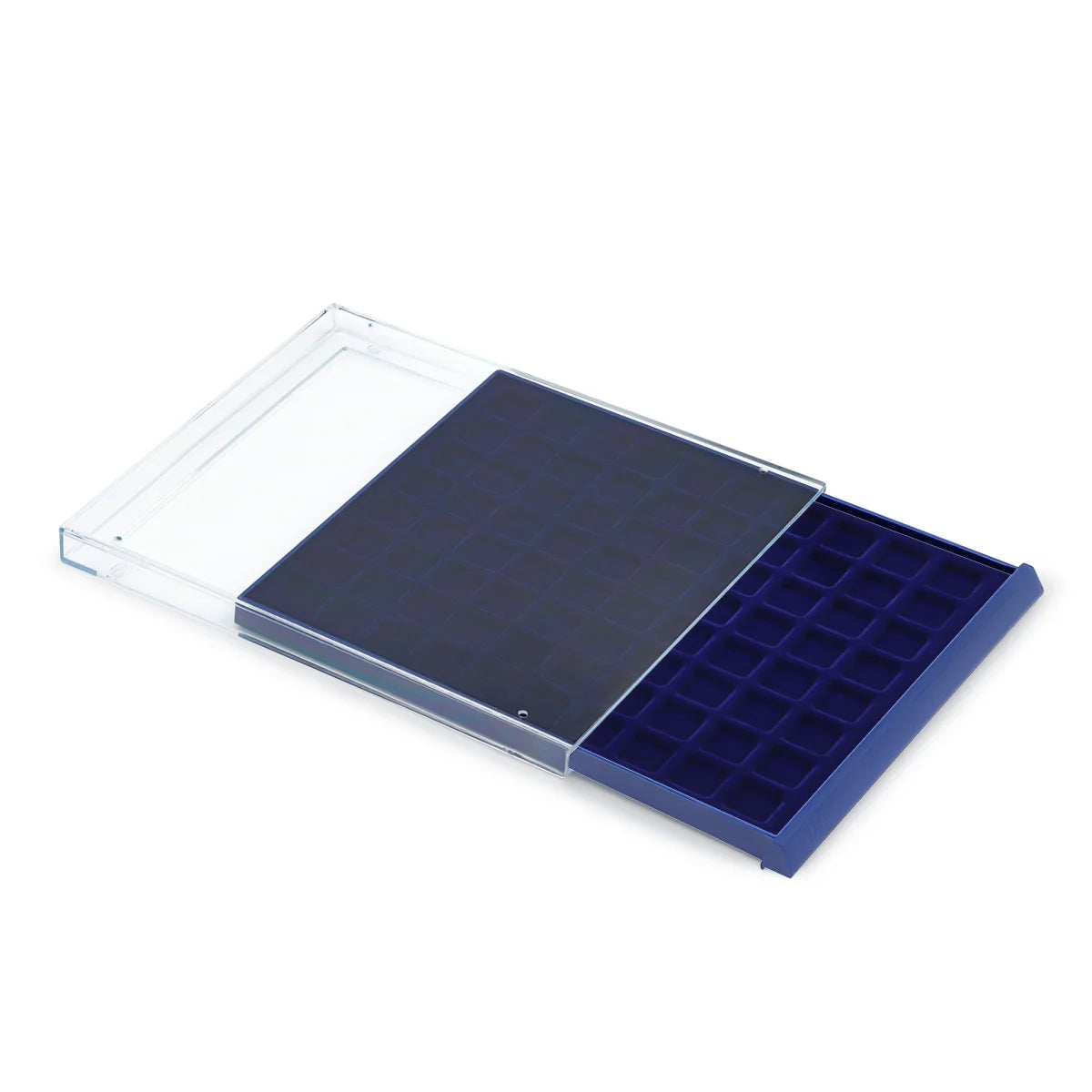 Open acrylic stackable drawer unit with a blue velvet tray and square compartments for coins on a white background