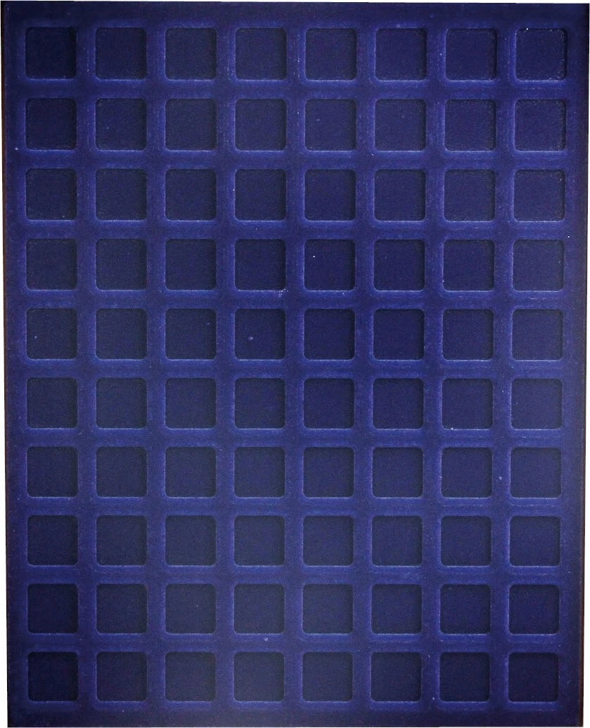 A blue velvet coin tray with 80 compartments