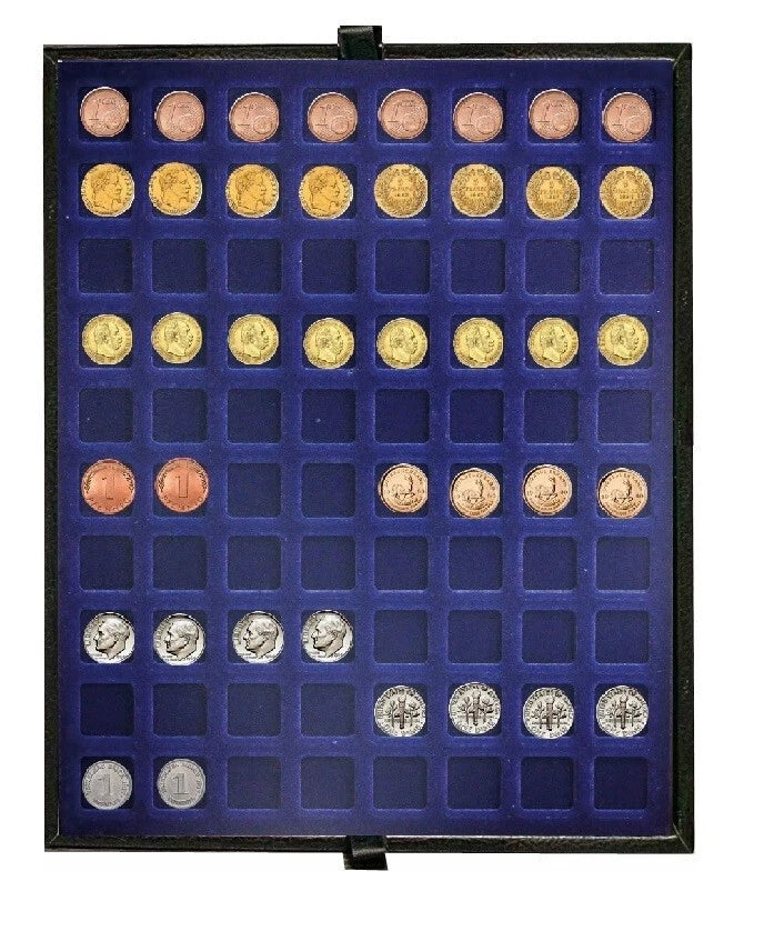 A collection of European coins arranged in a deep blue velvet coin tray inside a leather tray holder, photographed against a plain white background.