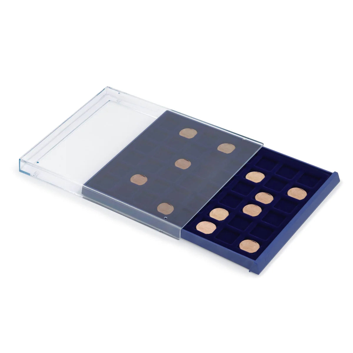 Open acrylic stackable drawer unit with a blue velvet tray and square compartments with small coins on a white background
