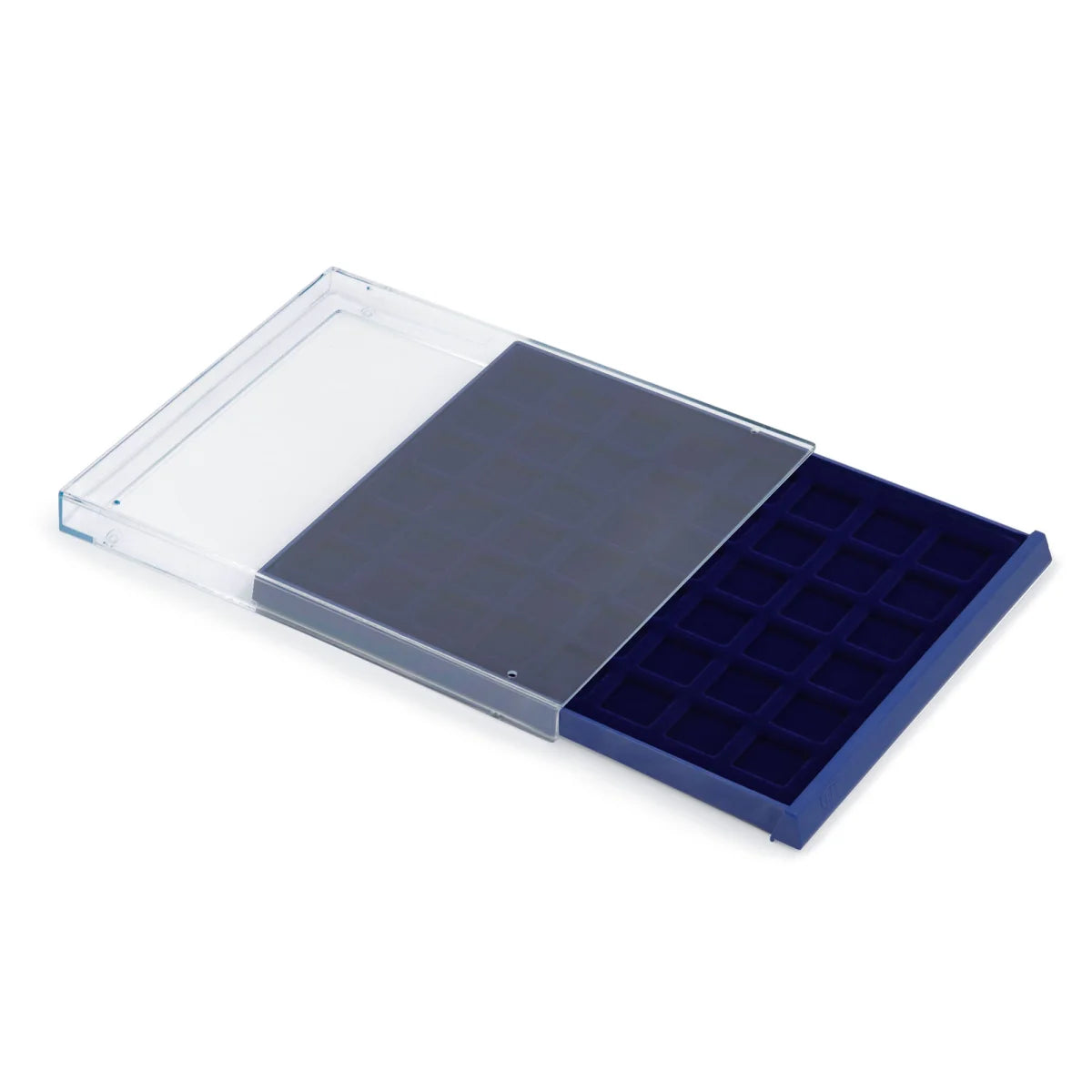 Open acrylic stackable drawer unit with a blue velvet tray and square compartments for coins on a white background