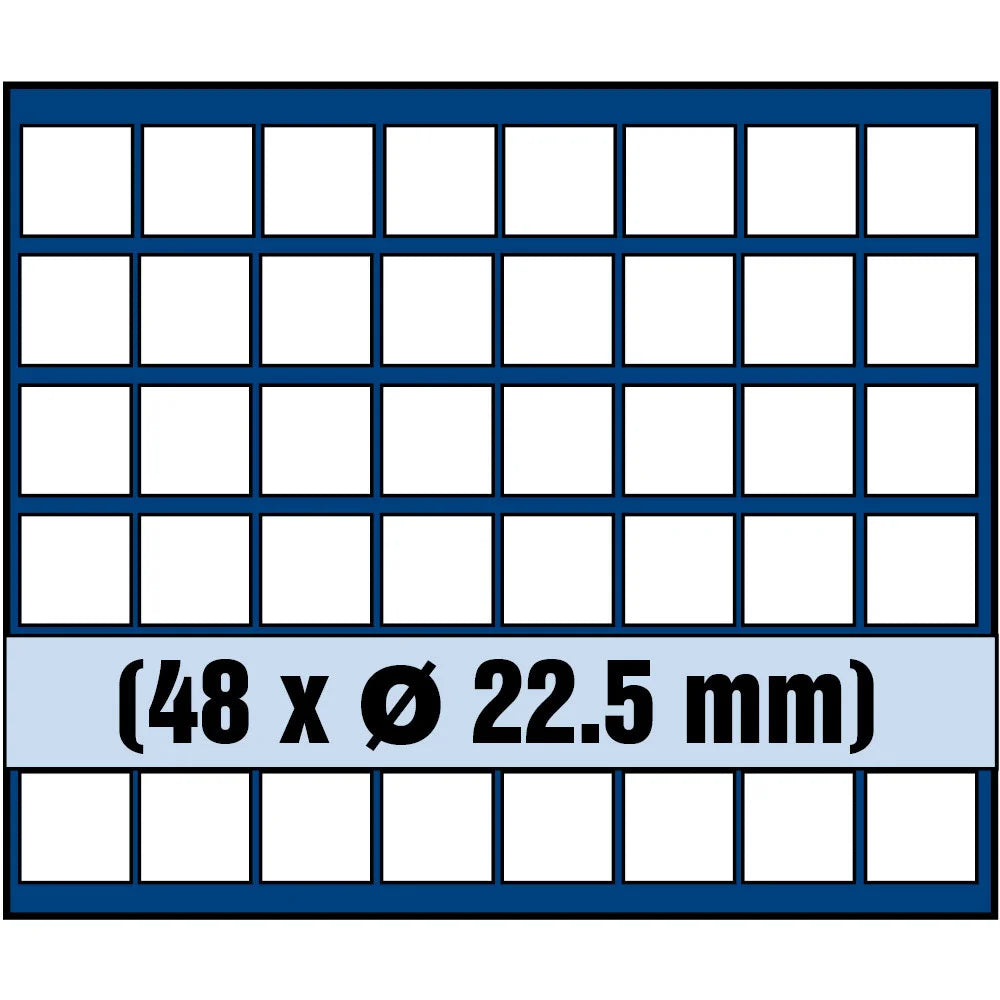 Grid illustration of Nova coin tray with white squares representing the compartments and written dimensions 48 x Ø 22.5mm on a white background 