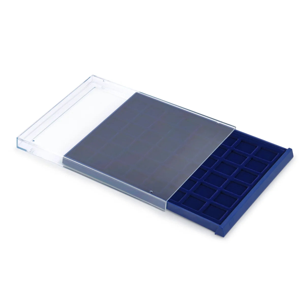 Open acrylic stackable drawer unit with a blue velvet tray and square compartments for coins on a white background