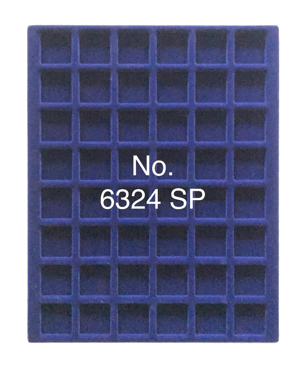 Overhead shot of a blue velvet tray and square compartments for coin collections and the product SKU written on a white background