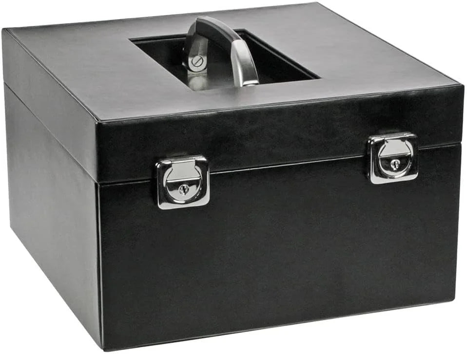 Black coin case closed with a handle and two snaplocks on a white background