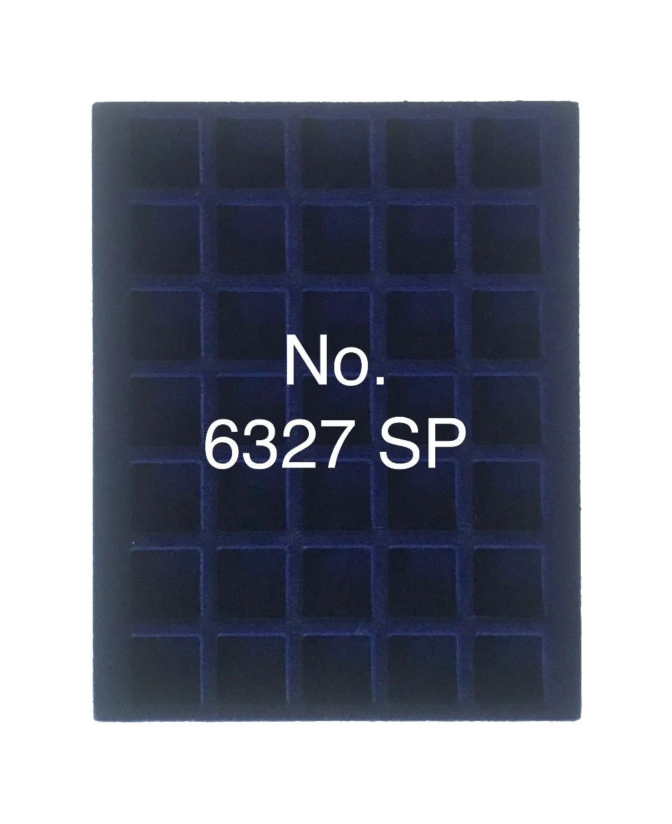 Overhead shot of a blue velvet tray and square compartments for coin collections and the product SKU written on a white background