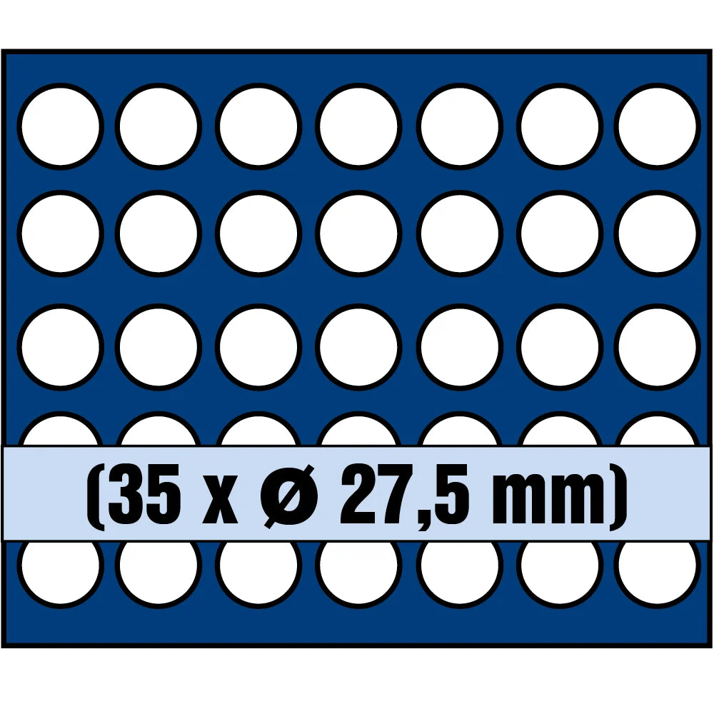 Grid illustration of Nova coin tray with white circles representing the compartments and written dimensions 35 x Ø 27.5mm on a white background 
