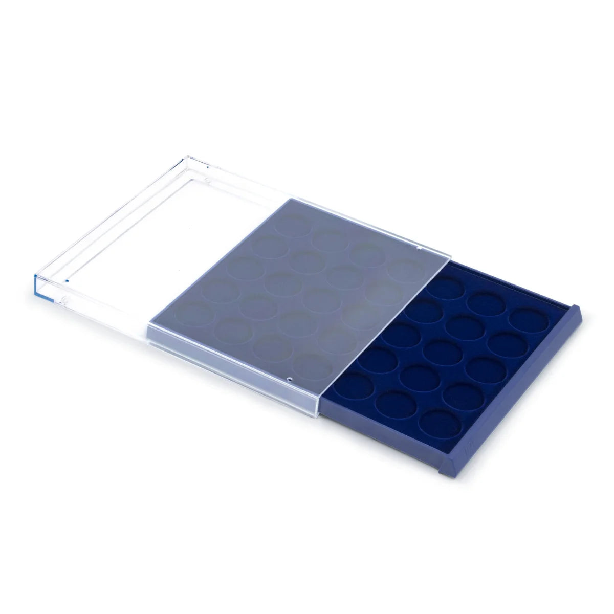 Open acrylic stackable drawer unit with a blue velvet tray and circular compartments for coins on a white background
