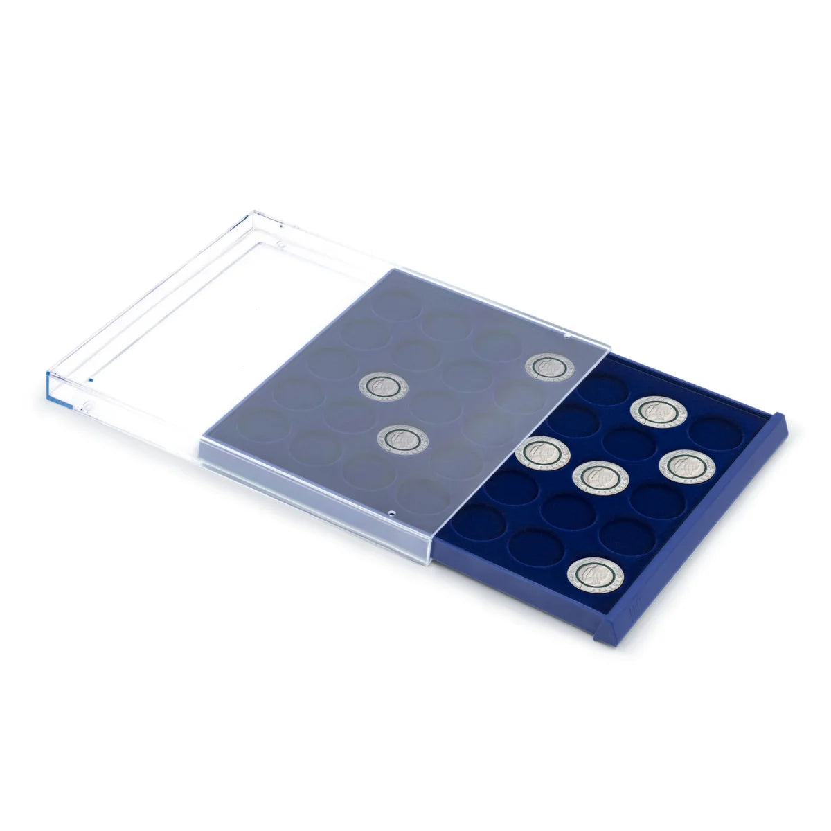 Open acrylic stackable drawer unit with a blue velvet tray and circular compartments with coins on a white background