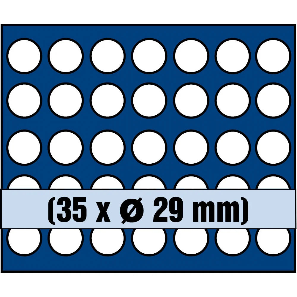 Grid illustration of Nova coin tray with white circles representing the compartments and written dimensions 35 x Ø 29mm on a white background 