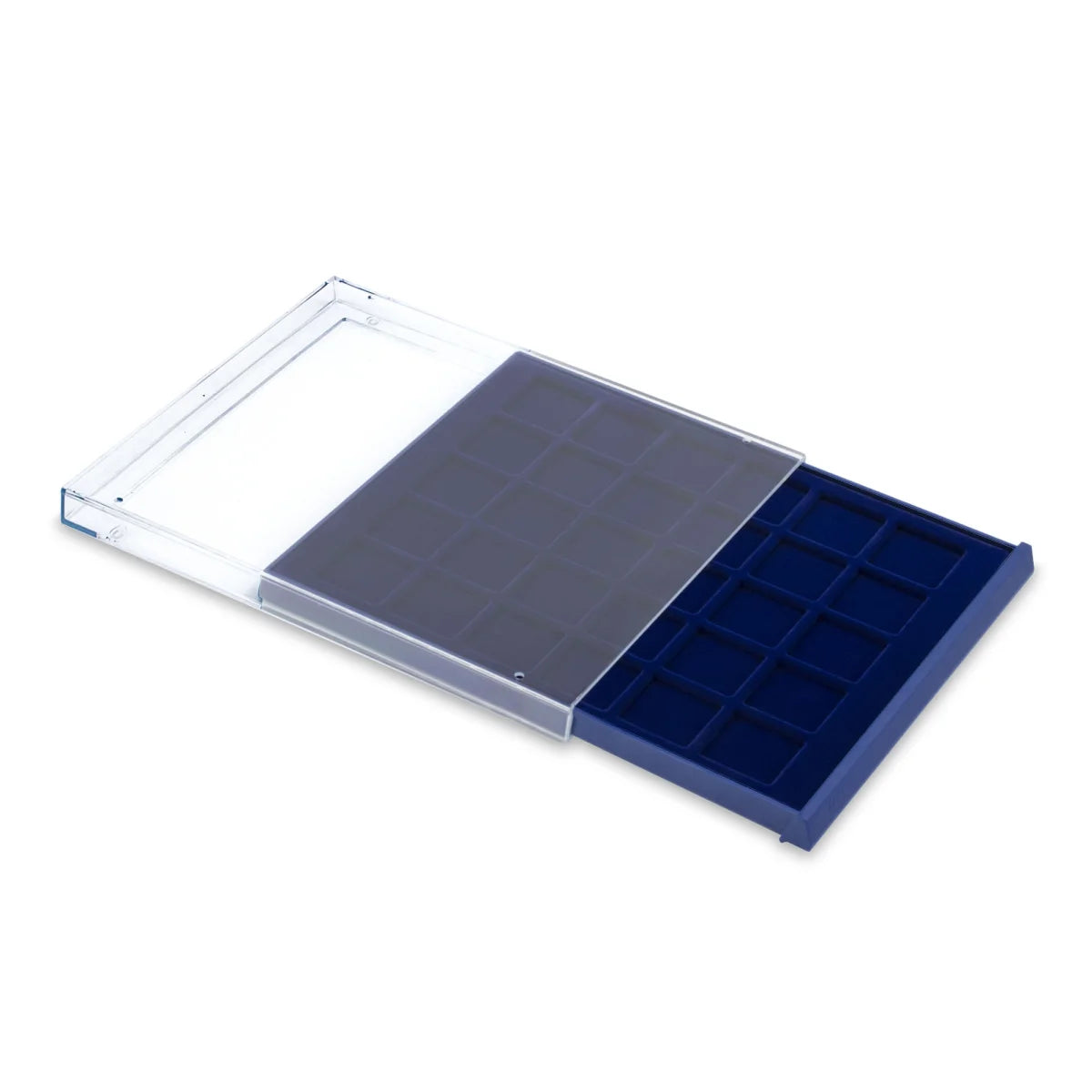 Open acrylic stackable drawer unit with a blue velvet tray and square compartments for coins on a white background
