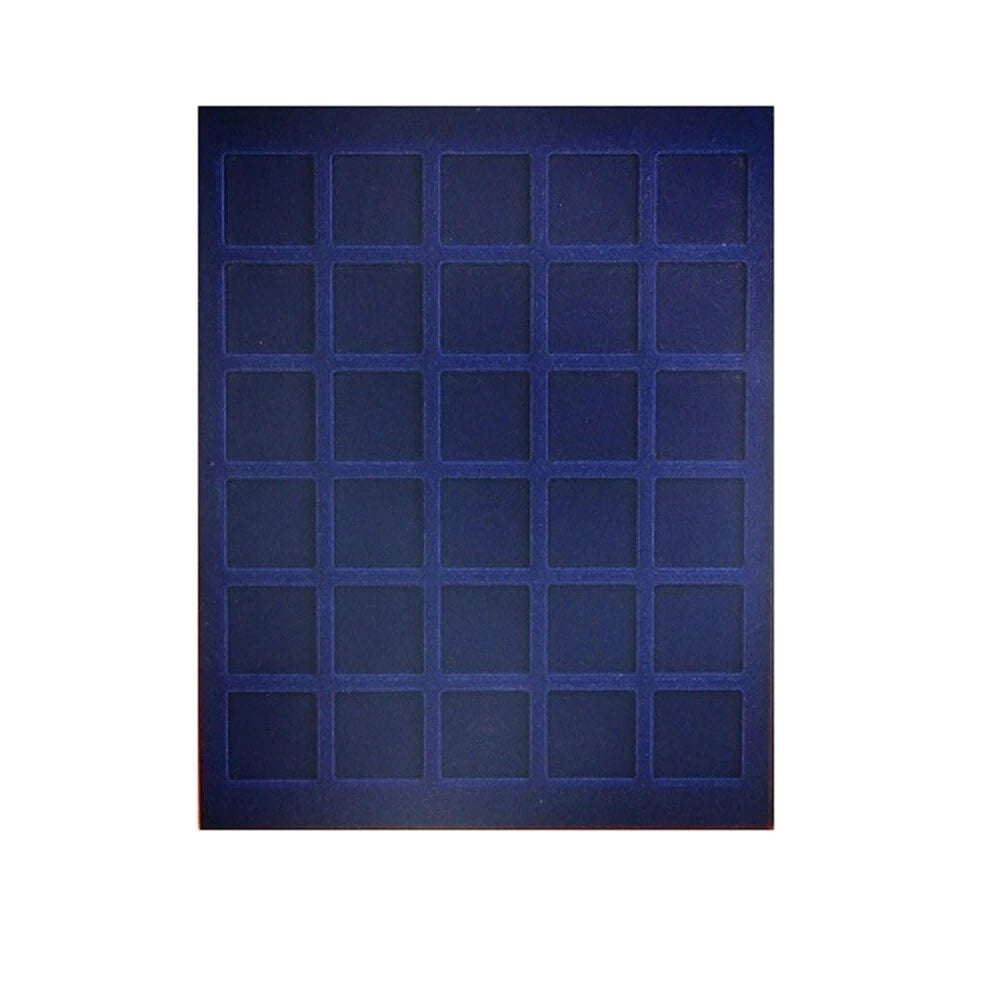 A blue velvet coin tray with 30 compartments