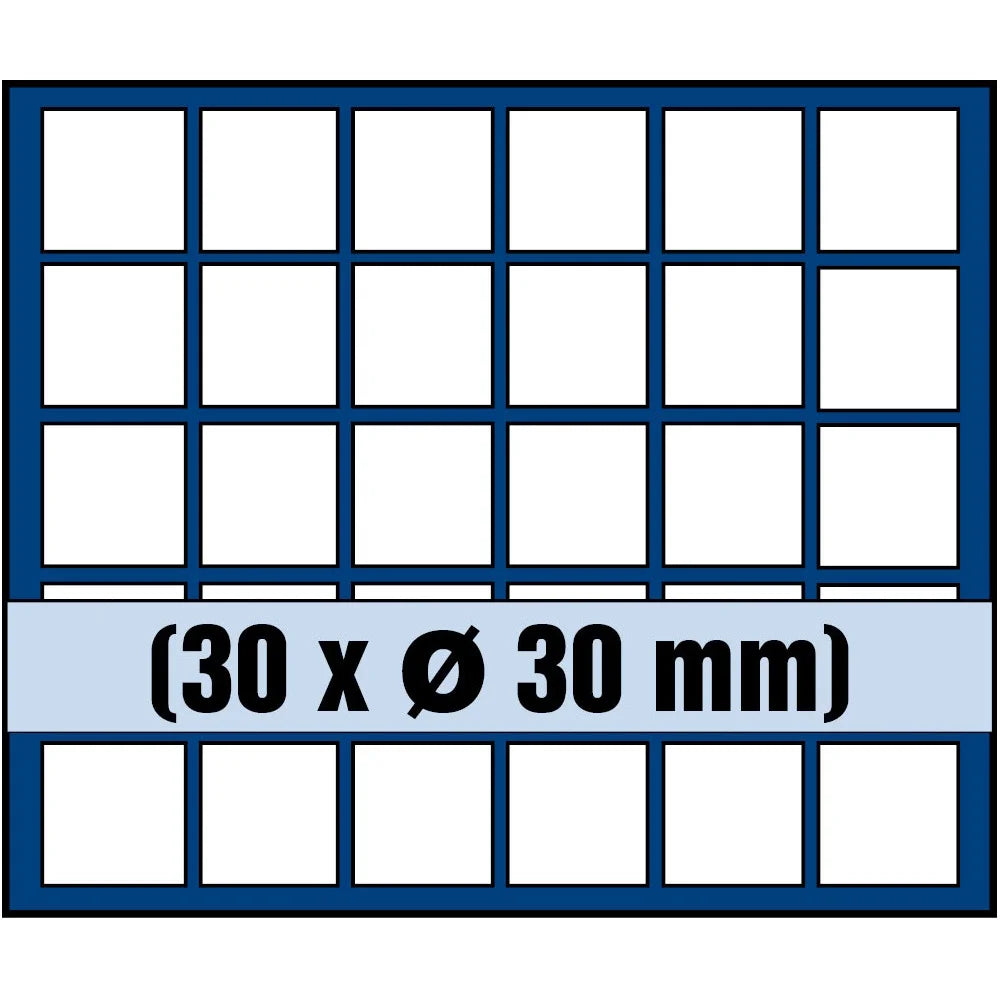 Grid illustration of Nova coin tray with white squares representing the compartments and written dimensions 30 x Ø 30mm on a white background 